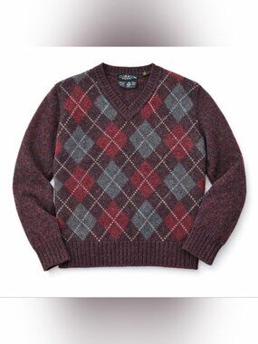 Vintage Shetland Wool Burgundy Argyle Preppy Heritage V‑Neck Sweater Size S